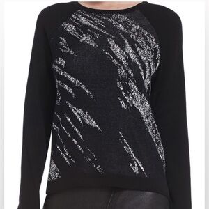 BCBGMaxAzria Silk Rayon Blend Jacquard Scoop Neck Sweater Black/Silver Sz M